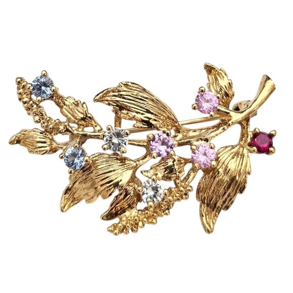 Vermeil Sterling Leaf Branch Brooch Multi Color Gem Lab Stone Pin C668 - Picture 1 of 9